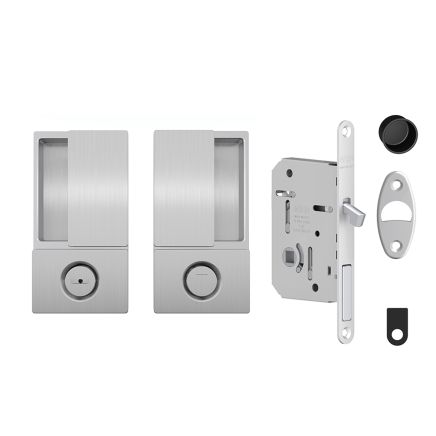 AGB Wave Flush Pocket Door Handle & Bathroom Lock Set - Satin Chrome