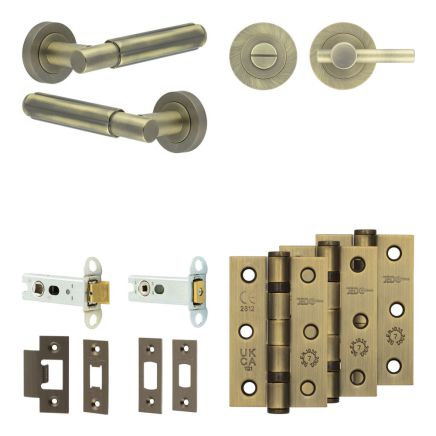 Complete Bloom Door Handle Pack - Heavy Duty Tubular Bathroom (Plain Thumb Turn) - Antique Brass - 76mm / 3-inch Hinges - JE-B31B2-AB