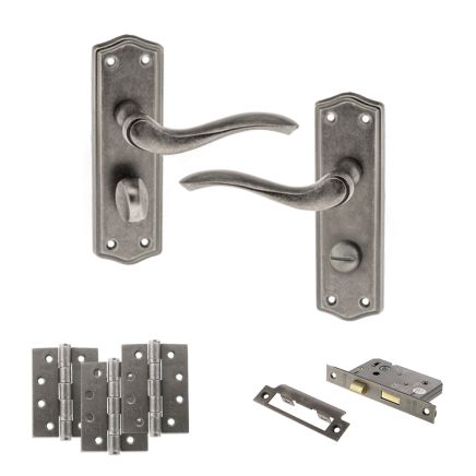 Old English Warwick Door Handle Pack (Bathroom Set - 2.5" CE Bathroom Lock, 4" Fire Rated Hinges x3) - Distressed Silver