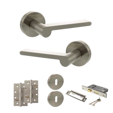 Senza Pari Darrio Door Handle Pack (3 Lever Lock Set - 3" CE Sashlock, 4" Slim Knuckle Hinges x2) - Satin Nickel