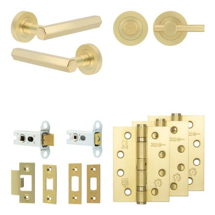 Complete Hex Door Handle Pack - Heavy Duty Tubular Bathroom (Plain Thumb Turn) - Satin Brass - 64mm / 4-inch Hinges - JE-C30A2-SB