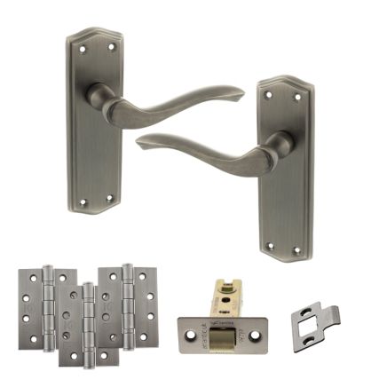 Old English Warwick Door Handle Pack (Latch Set - 3" CE Latch, 4" Fire Rated Hinges x3) - Matt Gun Metal