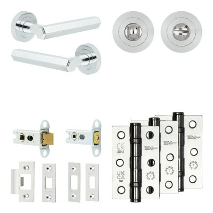Complete Hex Door Handle Pack - Heavy Duty Tubular Bathroom (Standard Thumb Turn) - Polished Chrome - 64mm / 3-inch Hinges - JE-C30B3-PC