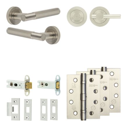 Complete Bari Door Handle Pack - Heavy Duty Tubular Bathroom (Plain Thumb Turn) - Satin Nickel - 76mm / 4-inch Hinges - JE-D31A2-SN