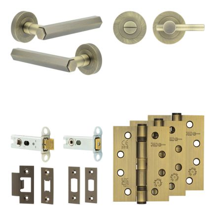 Complete Hex Door Handle Pack - Heavy Duty Tubular Bathroom (Plain Thumb Turn) - Antique Brass - 76mm / 4-inch Hinges - JE-C31A2-AB
