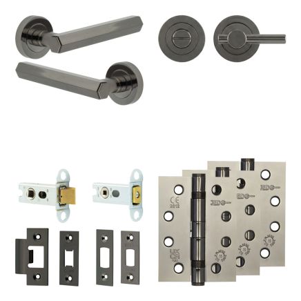 Complete Hex Door Handle Pack - Heavy Duty Tubular Bathroom (Plain Thumb Turn) - Black Nickel - 64mm / 4-inch Hinges - JE-C30A2-BN