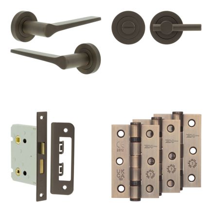 Complete Gio Door Handle Pack - Bathroom Lock (Plain Thumb Turn) - Dark Bronze - 76mm / 3-inch Hinges - JE-E6B2-DB