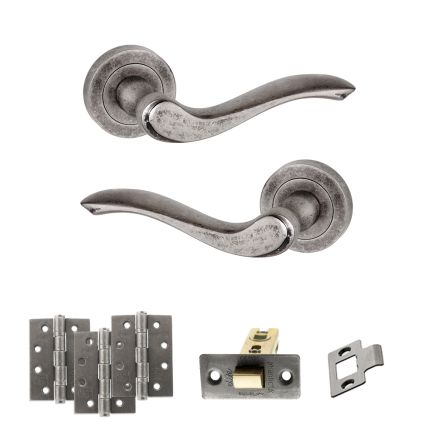 Old English Warwick Door Handle Pack (Latch Set - 2.5" CE Latch, 4" Fire Rated Hinges x3) - Distressed Silver