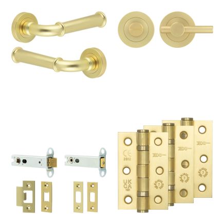 Complete Classic Door Handle Pack - Heavy Duty Tubular Bathroom (Plain Thumb Turn) - Satin Brass - 102mm / 3-inch Hinges - JE-A32B2-SB