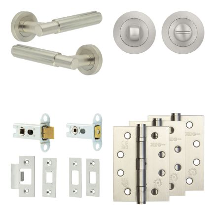 Complete Bloom Door Handle Pack - Heavy Duty Tubular Bathroom (Standard Thumb Turn) - Satin Nickel - 64mm / 4-inch Hinges - JE-B30A3-SN